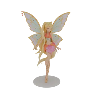 3D model of a fairy princess with blonde hair, orange and pink outfit, and large, translucent pale blue and yellow wings, sta