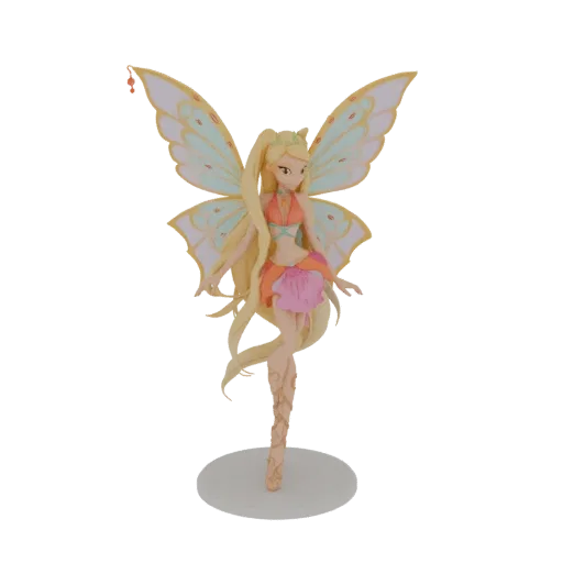 3D model of a fairy princess with blonde hair, orange and pink outfit, and large, translucent pale blue and yellow wings, sta