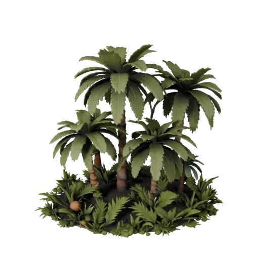 Palm Island Vegetation Stylized 3D model, stylized isometric environment render, showing leaf clusters, terrain detail.