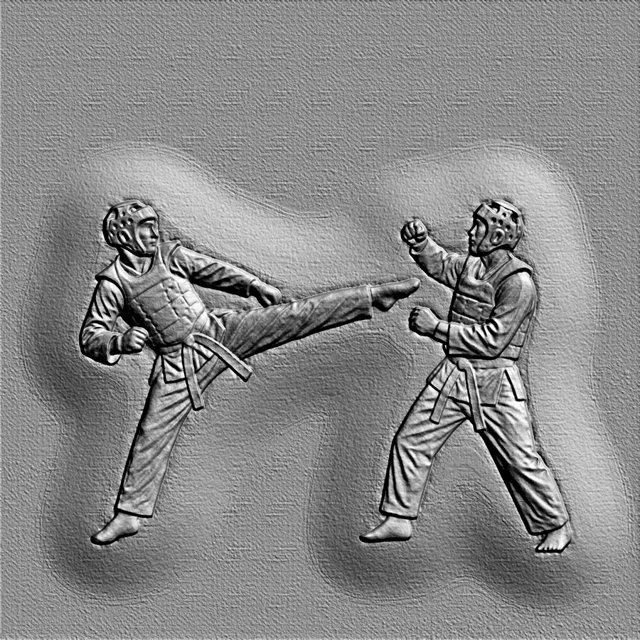 3D bas-relief model of two fighters in protective gear dueling, with expressive light and shadow play.
