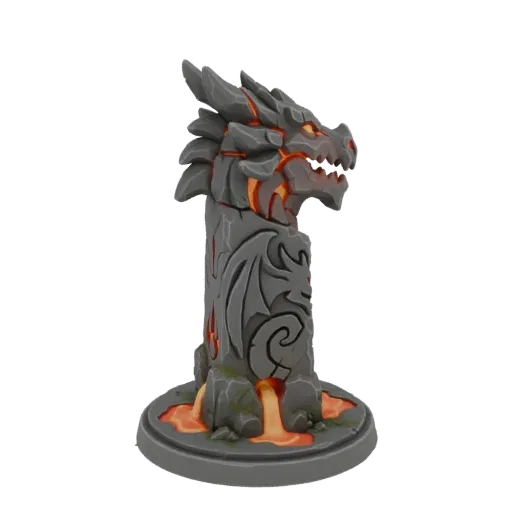 3D model of a stone dragon head altar with glowing molten lava erupting from its base and cracks.