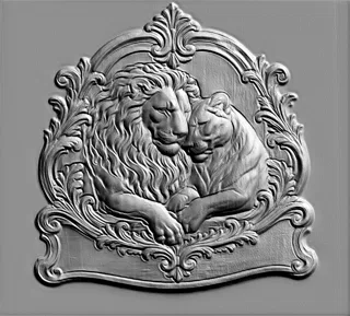 3D model of a bas-relief depicting two lions embracing amidst ornate baroque scrollwork