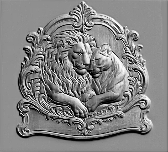 3D model of a bas-relief depicting two lions embracing amidst ornate baroque scrollwork