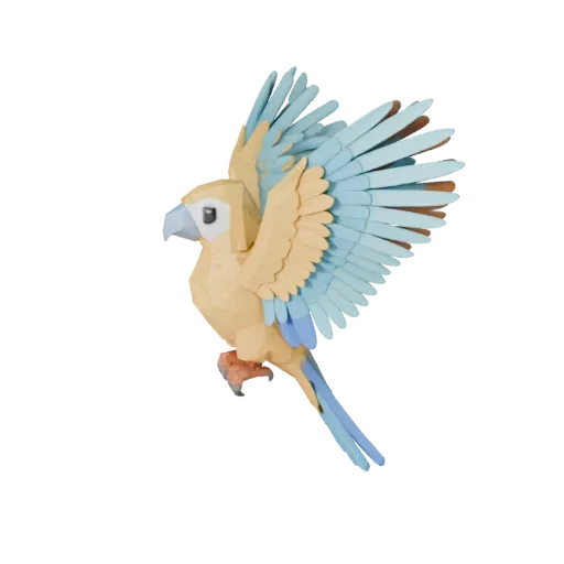 Modèle 3D de cacatoès low poly, vue de côté caméra gameplay, asset animal low-poly avec direction des plumes, logique de plia