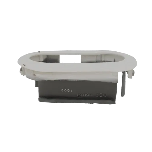 3D model of a white oval trim bezel with visible mounting clips and part numbers on the underside.