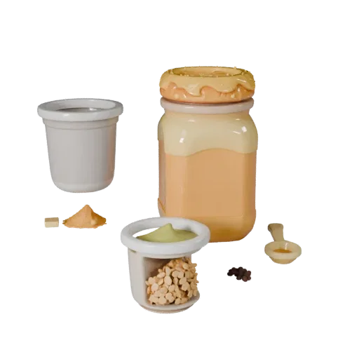 Bocal de Miel Actif 3D, rendu STL isométrique, montrant des poudres, de petites formes d'ingrédients.