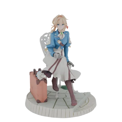 Modelo 3D de Violet Evergarden sentada en una silla blanca con una maleta rosa y flores a su lado.