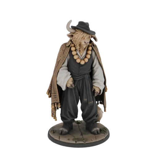 3D model of an anthropomorphic Yak warrior wearing a hat, tribal cape, and beaded necklace, standing on a cobblestone base.
