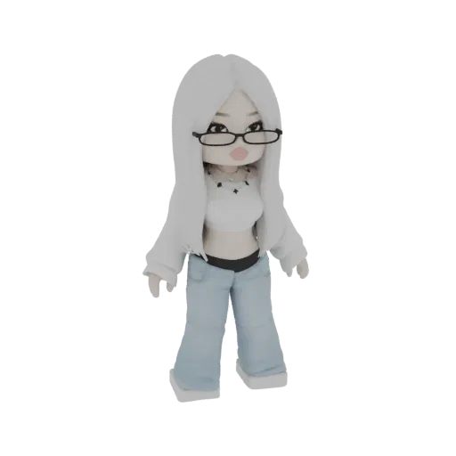 Modelo 3D de una chica chibi con pelo largo blanco, gafas, top corto blanco y vaqueros azules, de pie sobre un fondo blanco.