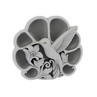 3D model render of a relief plaque featuring a hummingbird in flight near a flower, with intricate details.