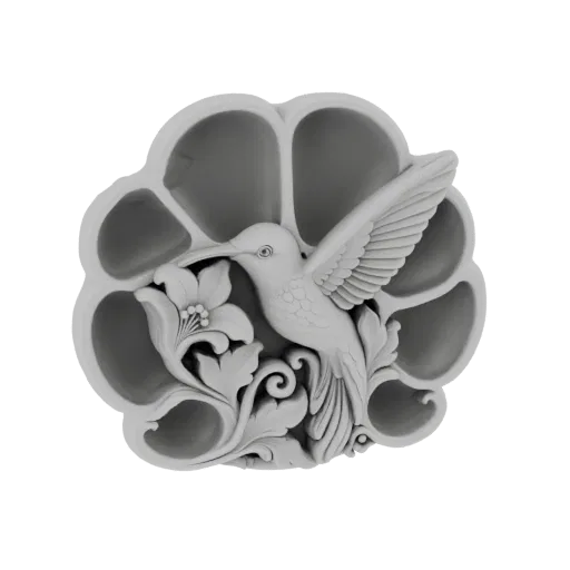 3D model render of a relief plaque featuring a hummingbird in flight near a flower, with intricate details.