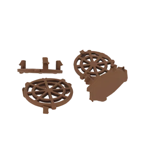 A 3D model of three brown plastic concrete spacers, two circular and one rectangular, against a black background.