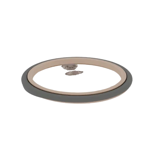 Render 3D di un coperchio per pentola in vetro con bordo interno beige e bordo esterno grigio scuro, visto da una leggera ang
