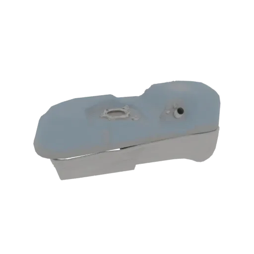 3D model of a vintage motorcycle fuel tank with a light blue and grey finish, shown from a side angle.