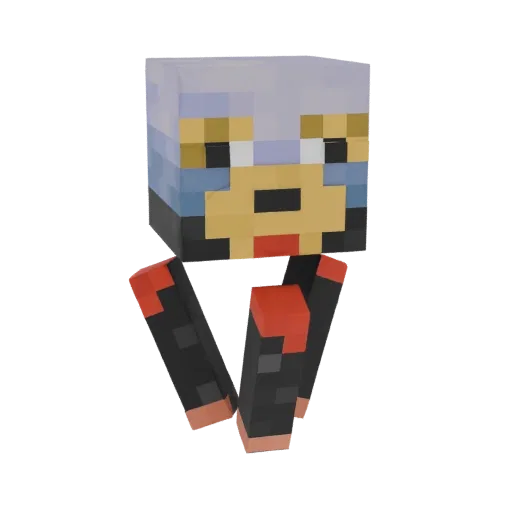 Un rendering 3D di una creatura cane stile Minecraft con elmo blu e zampe con punta rossa, presentato su sfondo bianco.