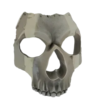 Modèle 3D brut de masque crâne avec marques de sculpture visibles et surface texturée, présenté sur fond noir.
