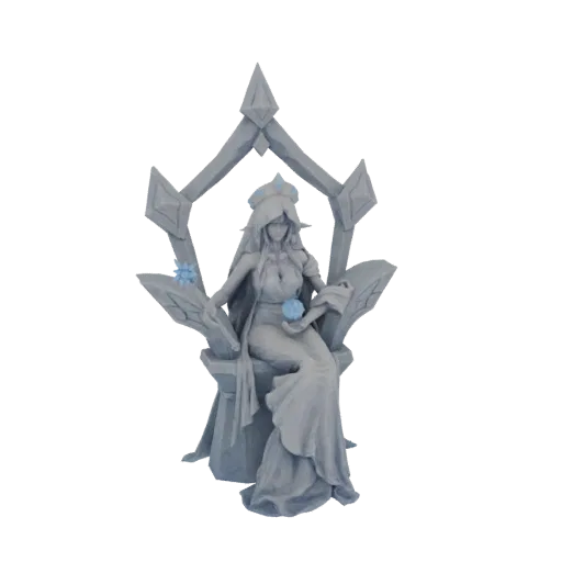 3D-Modell einer königlichen Wintergöttin auf einem verzierten, eisigen Thron, die einen leuchtenden Orb hält.