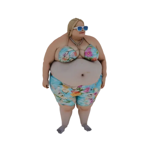 Modello 3D di una donna taglia comoda con bikini floreale e occhiali da sole, in piedi su sfondo bianco.
