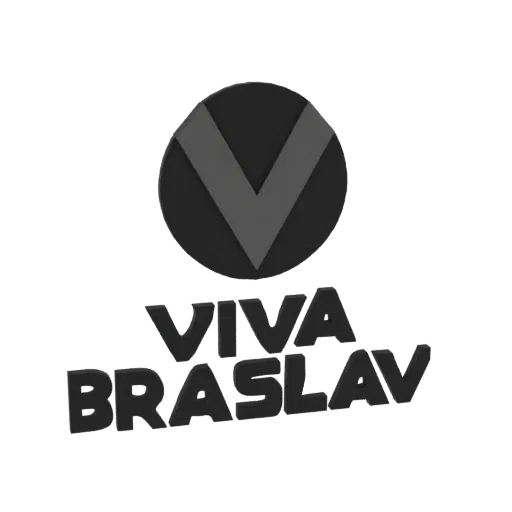 3D render of the VIVA BRASLAV logo, featuring a dark circular emblem with a 'V' and bold, extruded text below.