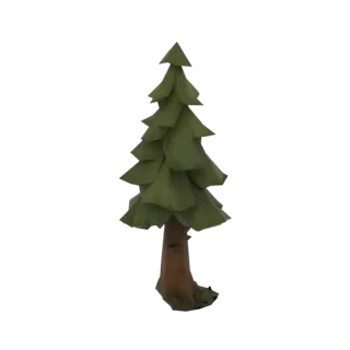 Ein stilisierter, niedrigpolygoniger Nadelbaum mit geschichtetem grünen Laub und braunem Stamm vor weißem Hintergrund.