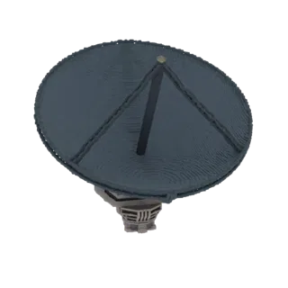 3D-Modell einer dunkelgrauen Satellitenschüssel mit komplexem mechanischem Sockel, vor weißem Hintergrund.