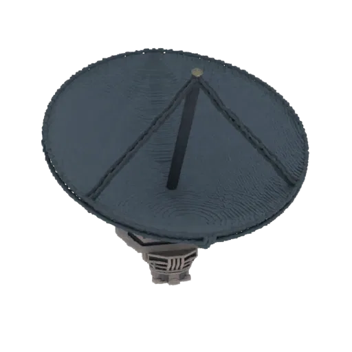 3D model of a dark grey satellite dish with a complex mechanical base, shown against a white background.