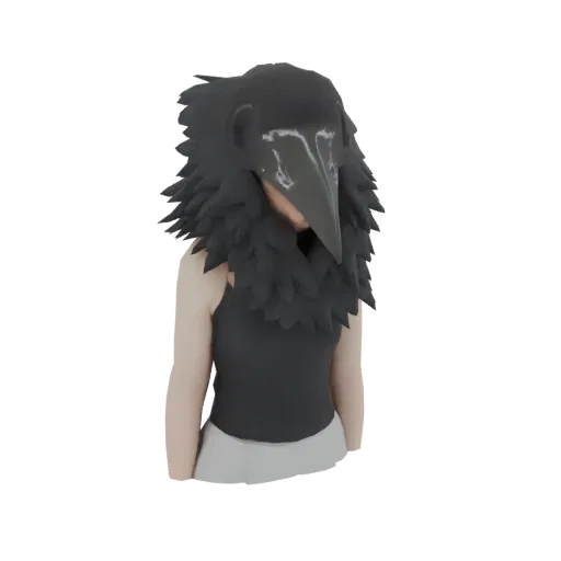 3D model of a black crow mask with detailed feathers and a sharp beak, worn by a mannequin.