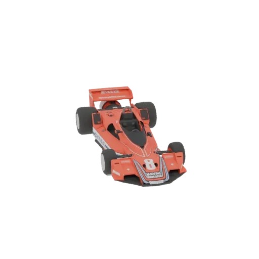 Uma renderização 3D de um carro de Fórmula 1 vermelho vintage com decalques de patrocinadores e o número 8.