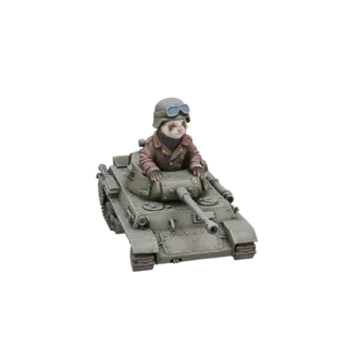 3D model of a ferret wearing a military helmet and jacket, sitting in the turret of a detailed miniature tank.