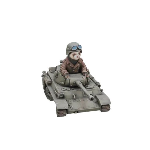 3D model of a ferret wearing a military helmet and jacket, sitting in the turret of a detailed miniature tank.
