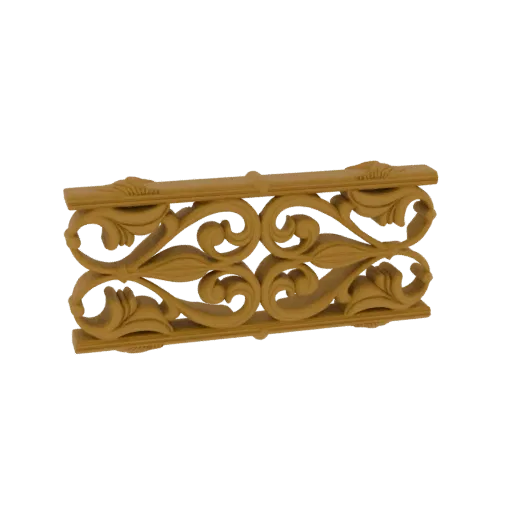 3D model of a decorative panel with intricate scrollwork and acanthus leaf patterns, rendered in a warm, wood-like texture.