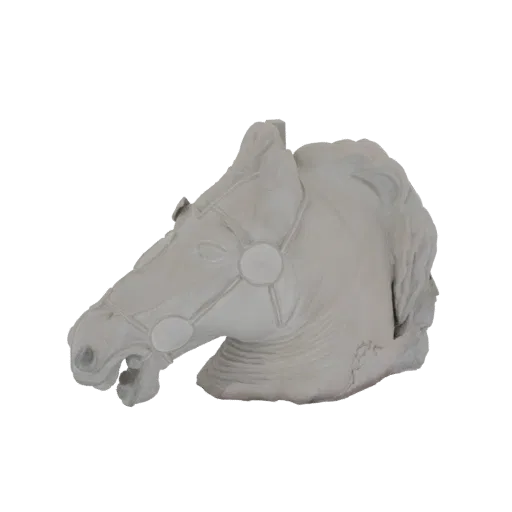3D model of a light-colored horse head sculpture with a detailed bridle and flowing mane, against a white background.