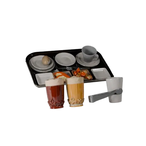 Banquet Breakfast Tray High Poly 3D model, close-up studio render, showing ceramic, arranged serving layout.