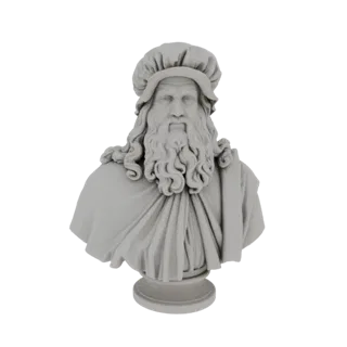 Modelo 3D del busto de Leonardo da Vinci, famoso artista e inventor renacentista, representado con barba larga y gorra.