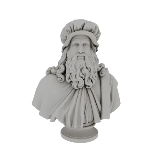 3D model bust of Leonardo da Vinci, a famous Renaissance artist and inventor, depicted with a long beard and cap.