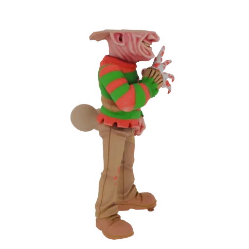 3D model of a goblin character dressed in a red and green striped sweater and tan pants, holding a bladed glove.