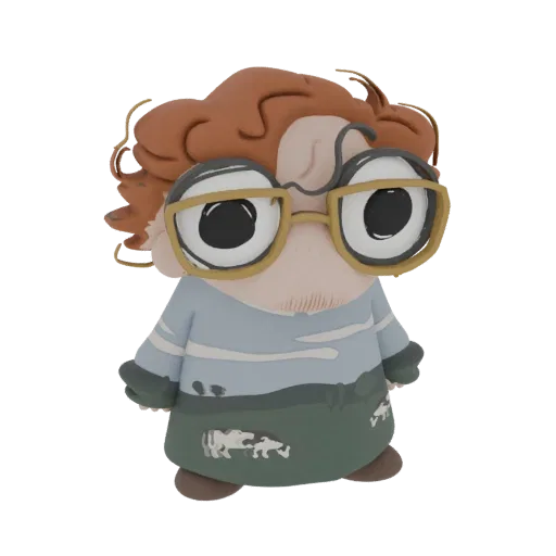 A 3D render of a chubby, cartoonish character with large glasses and a blue striped sweater, standing against a black backgro