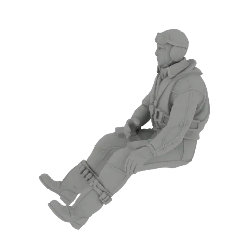 3D model of a WWII pilot figure in a seated pose, wearing flight gear and helmet with goggles.
