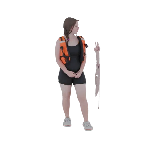 3D model of a woman in an orange life vest and black shorts, looking left and making a peace sign with her right hand.