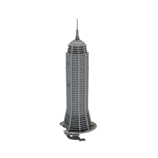 Modelo 3D de edificio alto con aguja, con fachada curva y muchas ventanas, sobre fondo blanco