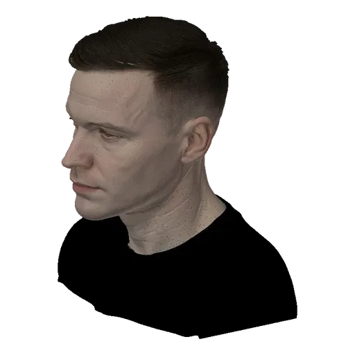 A 3D render of a realistic male head bust with short, styled hair and a neutral expression, set against a black background.