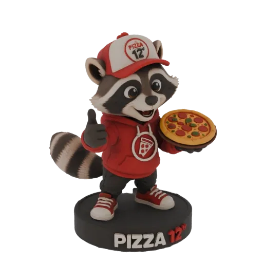 3D model of a raccoon mascot for Pizza 12, wearing a red hoodie and cap, holding a pizza and giving a thumbs up.