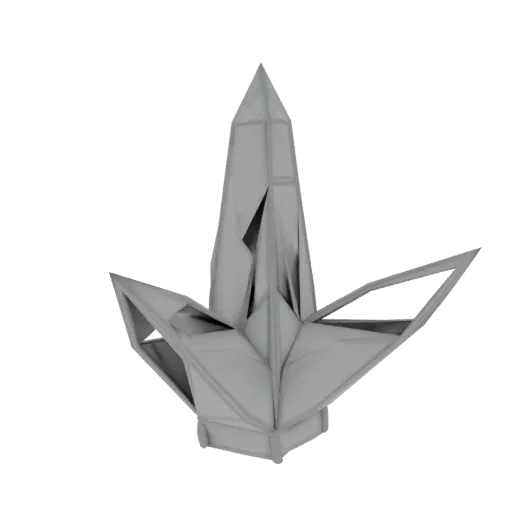 A 3D render of a sharp, geometric crystal shard with metallic facets, set against a black background.