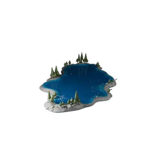 Lake Island Shore Unity 3D model, isometric viewport view, showing wet stone, water edges.