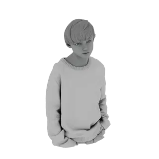 3D model of a young boy with short hair, wearing a casual sweater and standing with hands in pockets, looking slightly downwa