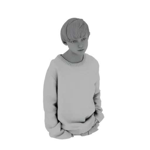 Modelo 3D de un niño con pelo corto, vistiendo un suéter casual y de pie con las manos en los bolsillos, mirando ligeramente