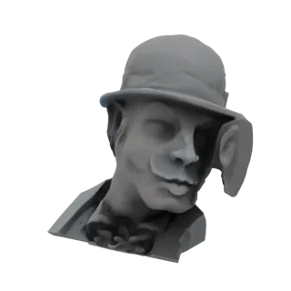 Render 3D de un busto distorsionado de caballero con bombín y pajarita, con rasgos faciales deformados.