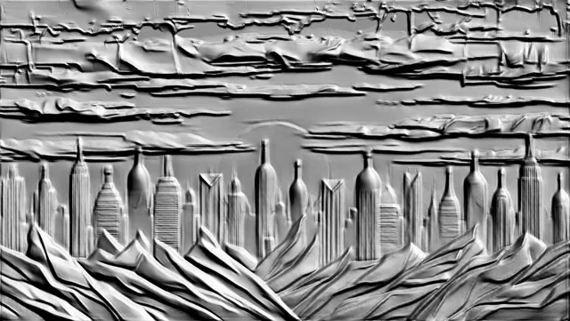 3D model of a bas-relief featuring a futuristic city, bottles, clouds, and mountains in a monochrome style.
