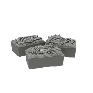 Three grey 3D models of gothic treasure chests, each with a unique, stylized eye design on the lid, arranged closely together