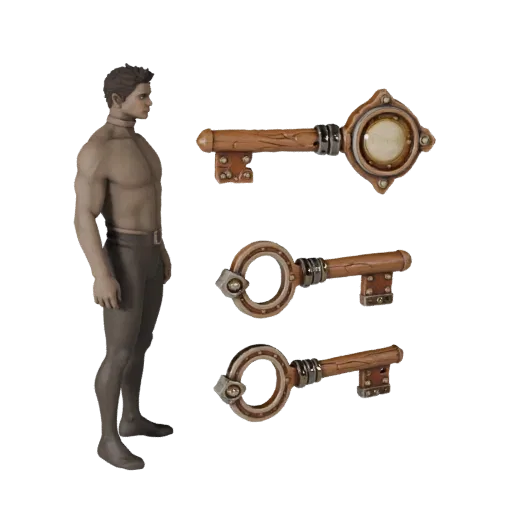 Royal Loot Key 3D model, three-quarter front view, Unity viewport, showing aged wood, clear pickup silhouette.